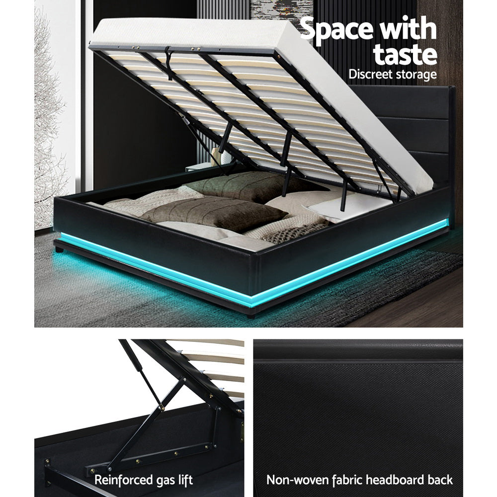 Azalea LED Bed Frame PU Leather Gas Lift Storage - Black King