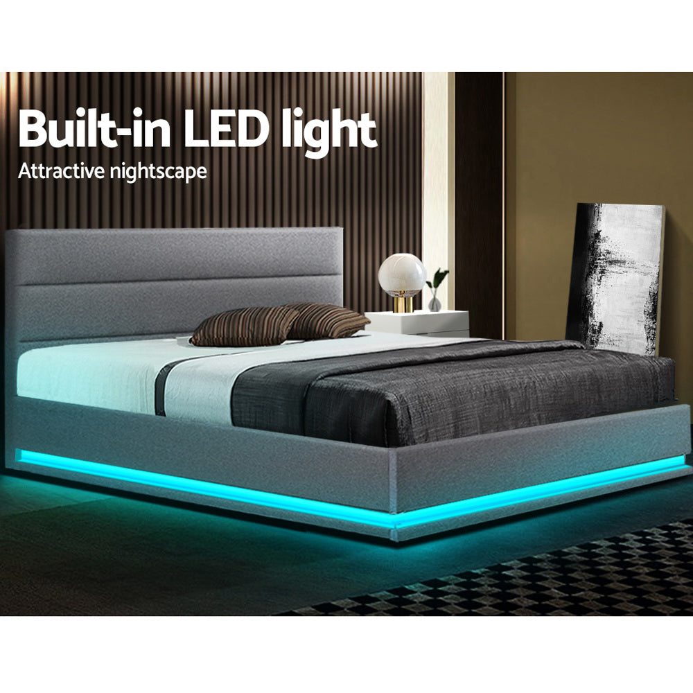 Azalea LED Bed Frame Fabric Gas Lift Storage - Grey Queen