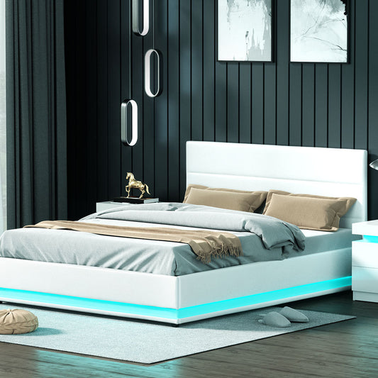 Azalea LED Bed Frame PU Leather Gas Lift Storage - White Queen