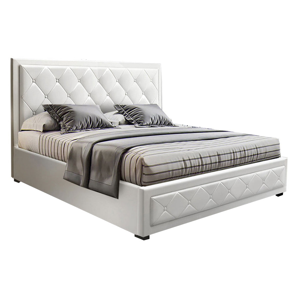 Savannah Bed Frame PU Leather Gas Lift Storage - White Double