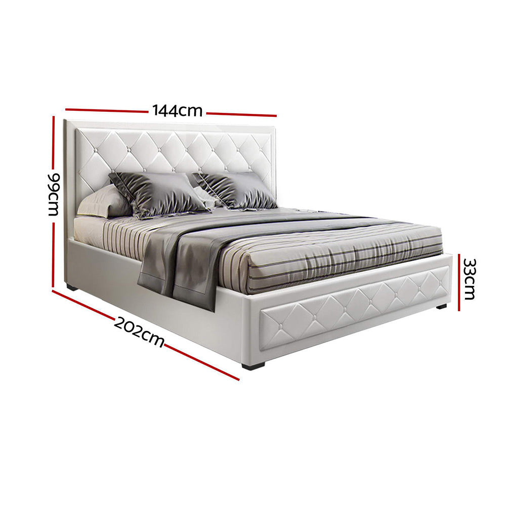 Savannah Bed Frame PU Leather Gas Lift Storage - White Double