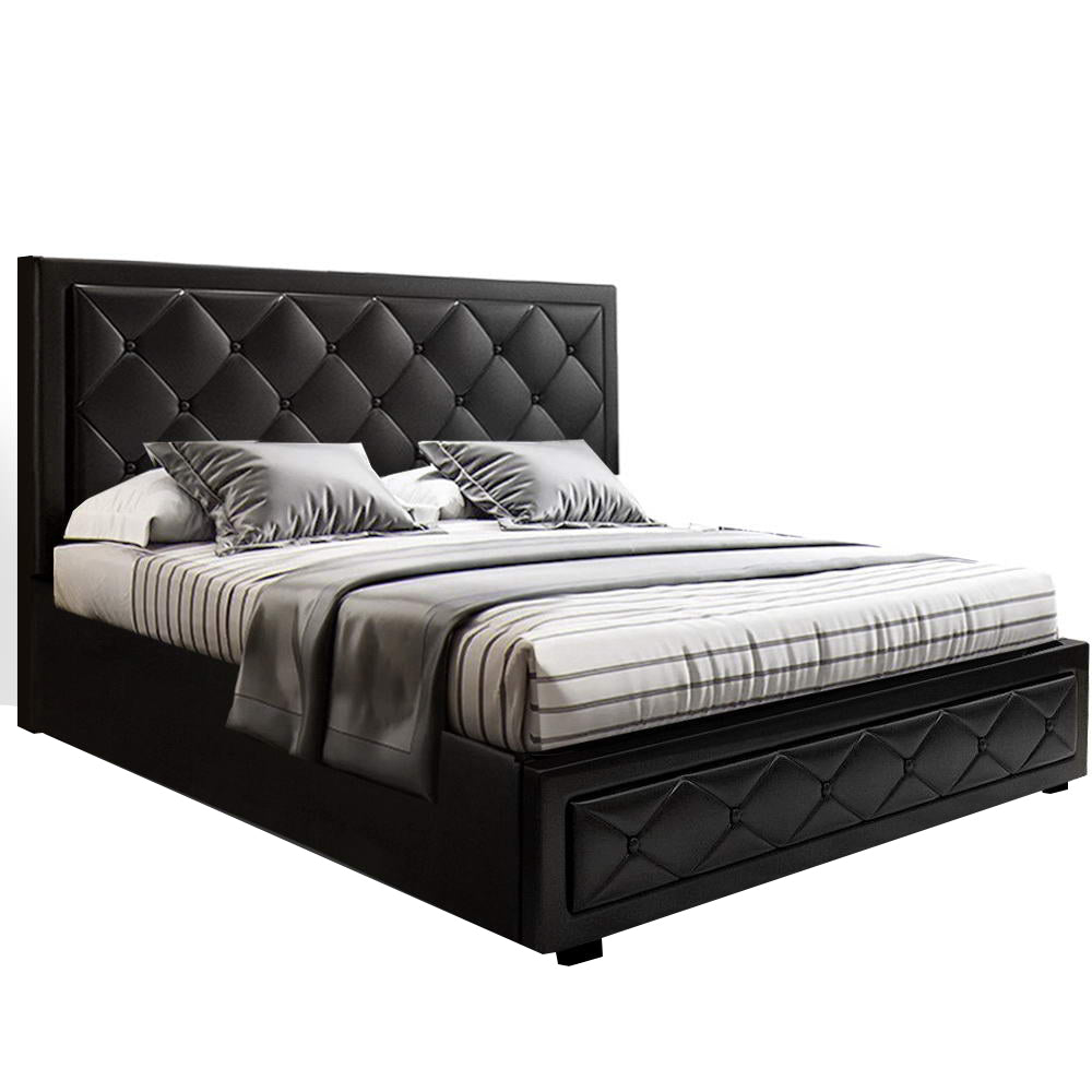 Savannah Bed Frame PU Leather Gas Lift Storage - Black Double