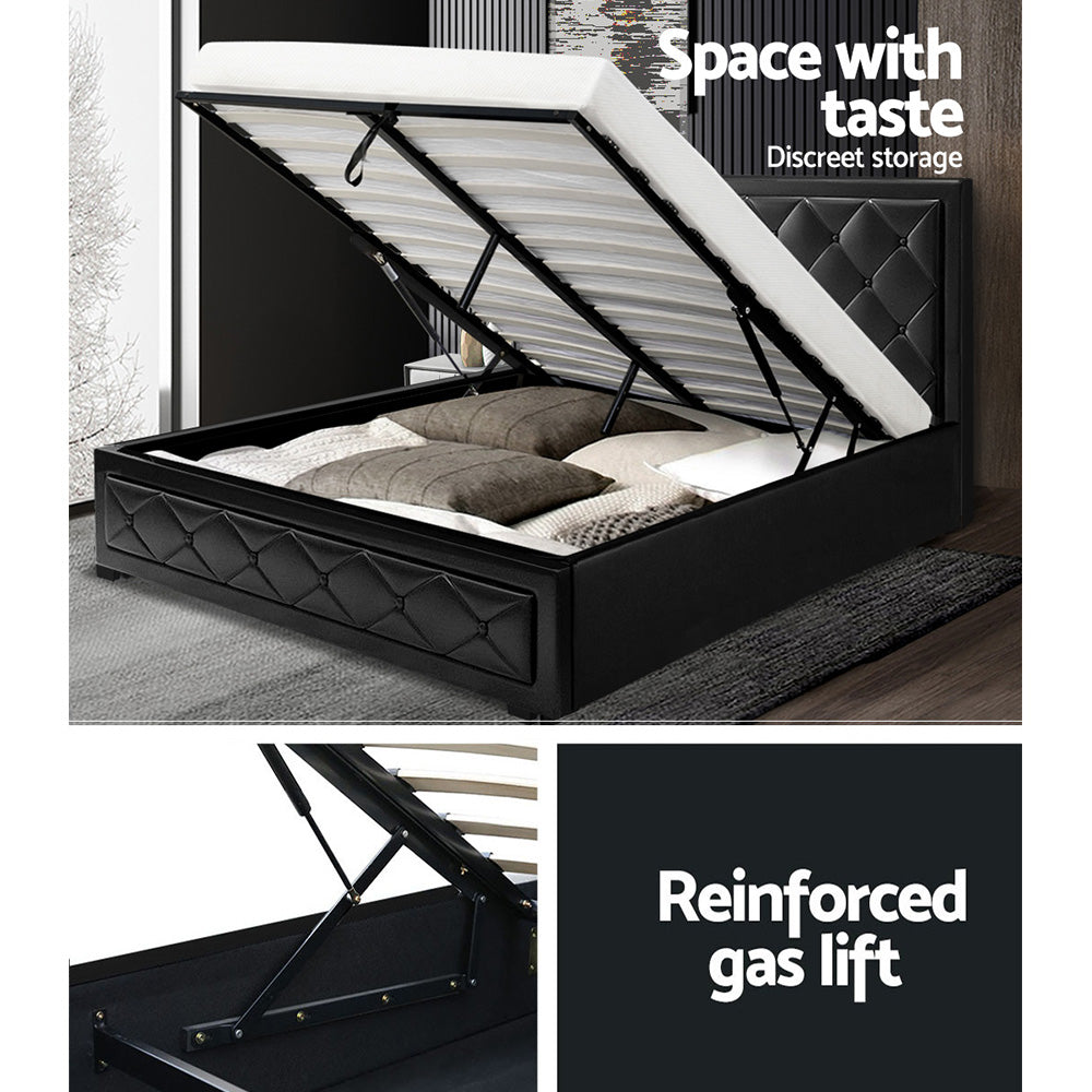 Savannah Bed Frame PU Leather Gas Lift Storage - Black Double