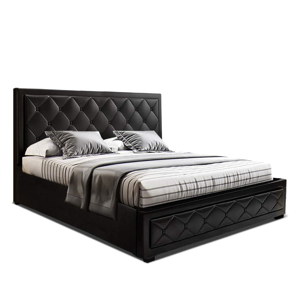 Savannah Bed Frame PU Leather Gas Lift Storage - Black Queen