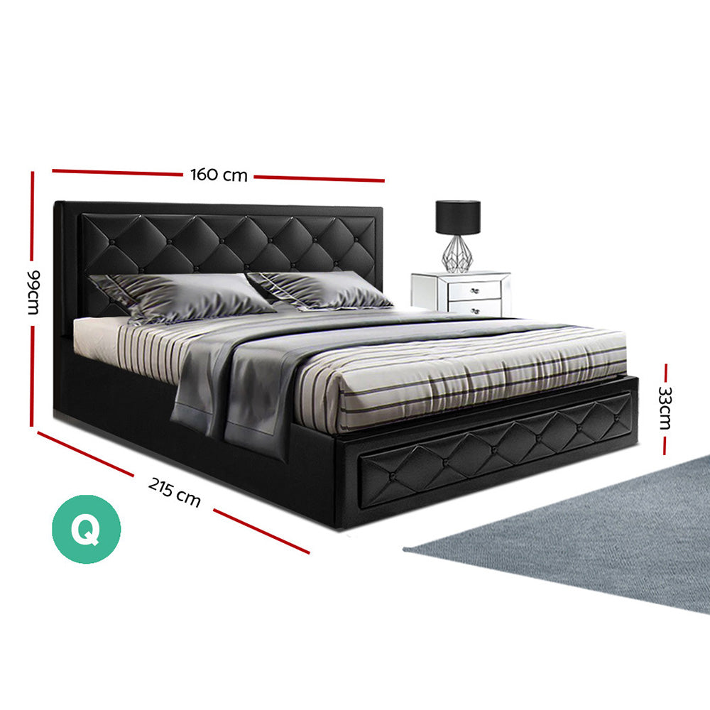 Savannah Bed Frame PU Leather Gas Lift Storage - Black Queen