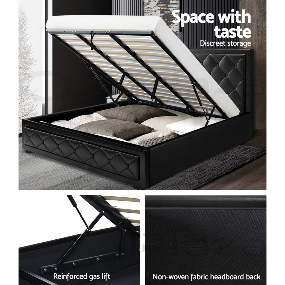 Savannah Bed Frame PU Leather Gas Lift Storage - Black King