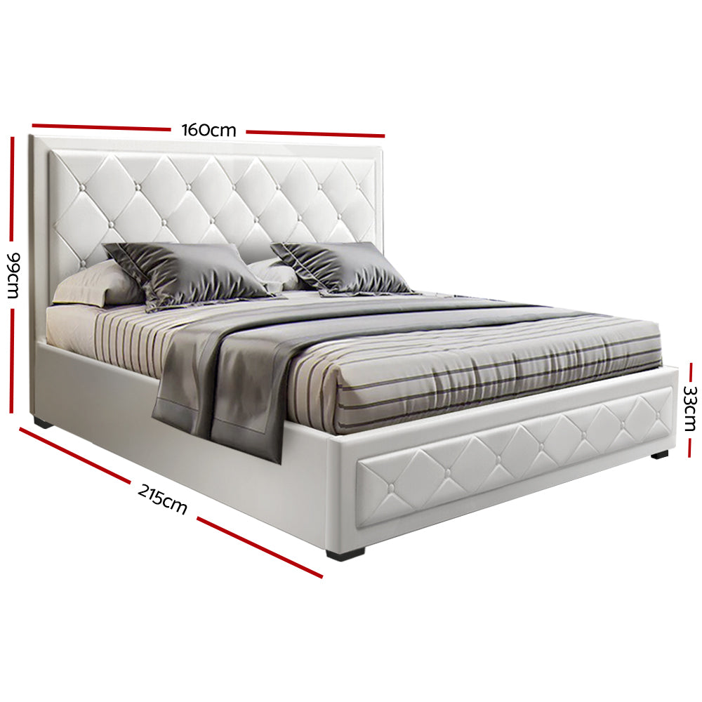 Savannah Bed Frame PU Leather Gas Lift Storage - White Queen