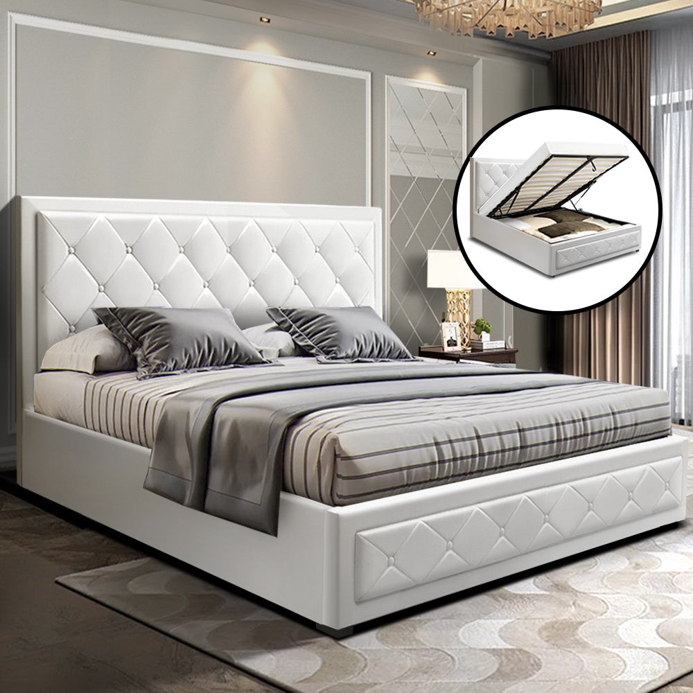 Savannah Bed Frame PU Leather Gas Lift Storage - White Queen