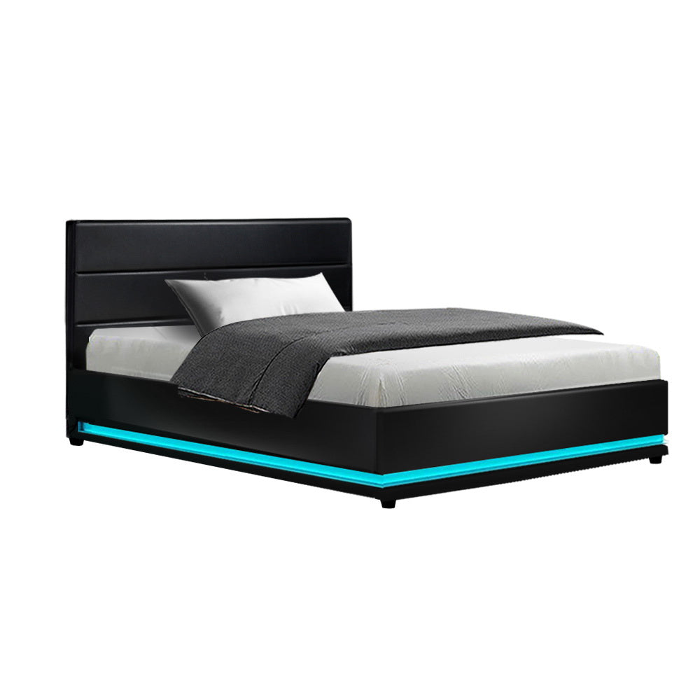 Azalea LED Bed Frame PU Leather Gas Lift Storage - Black King Single