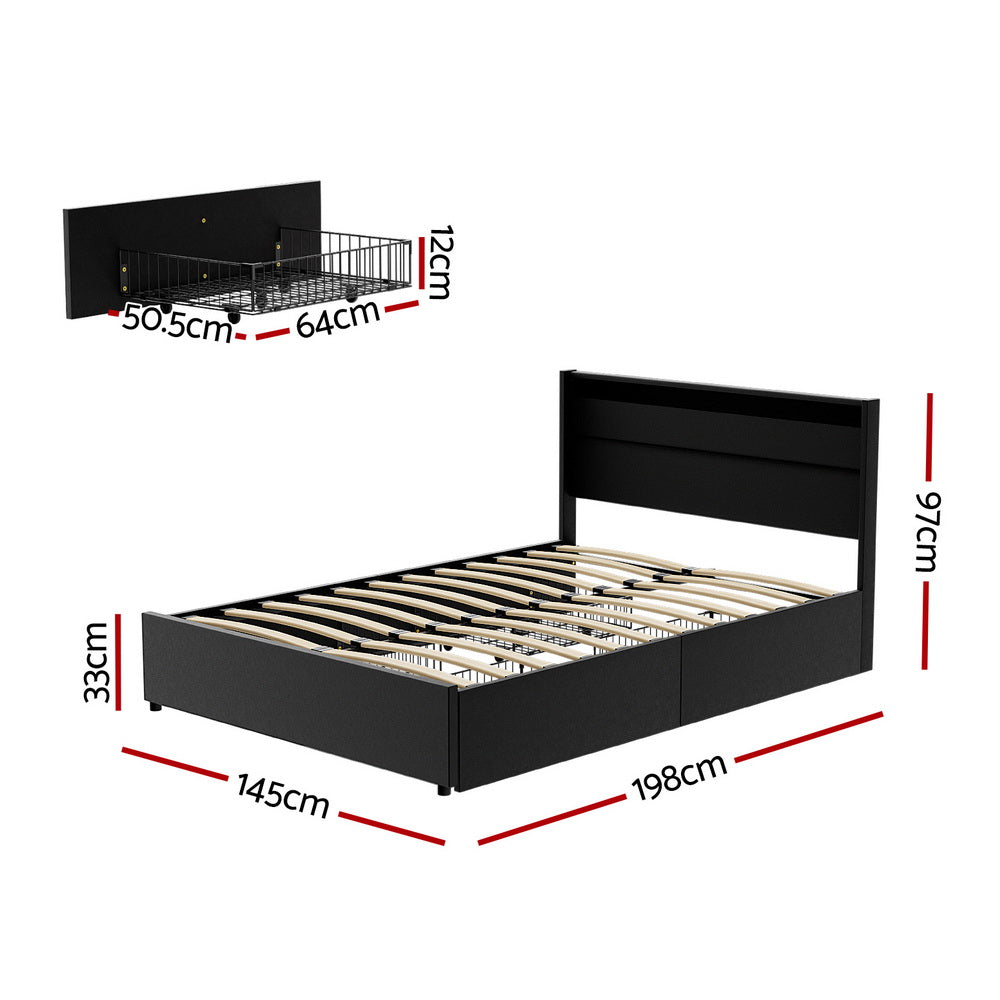 Hanny Bed Frame LED with 4 Drawers - Black Double