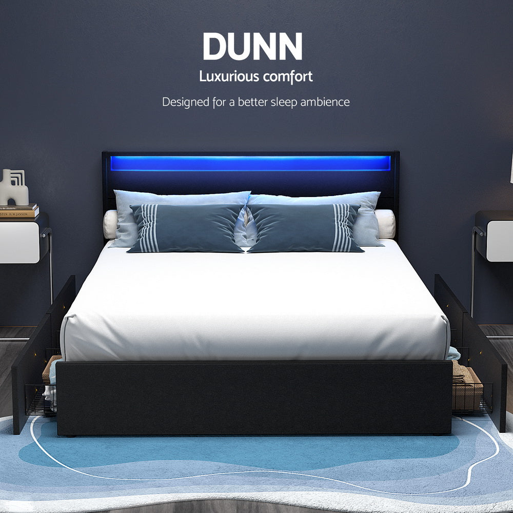 Hanny Bed Frame LED with 4 Drawers - Black Double