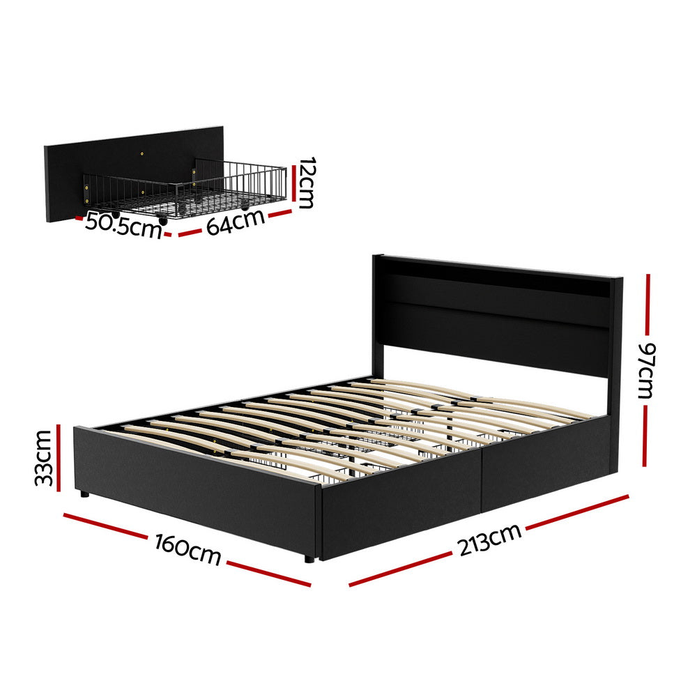 Hanny Bed Frame LED with 4 Drawers - Black Queen