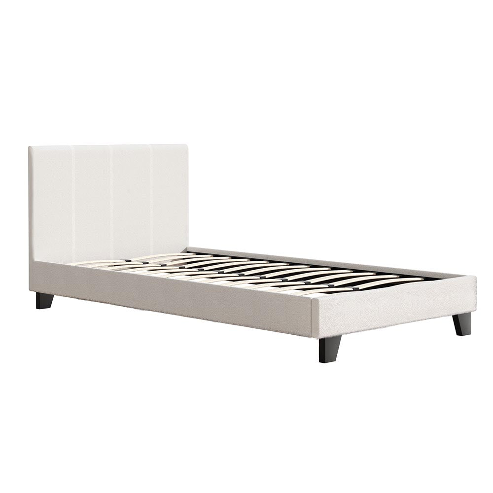 Sean Bed Frame Fabric Boucle Platform Wooden - White King Single