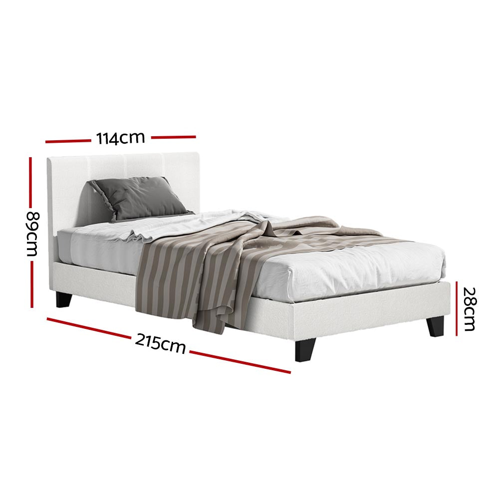 Sean Bed Frame Fabric Boucle Platform Wooden - White King Single