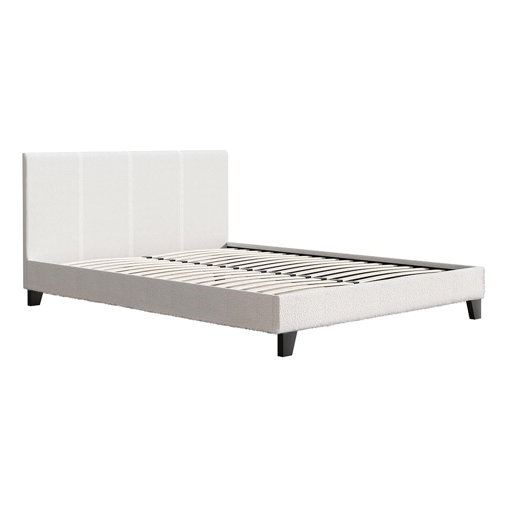 Sean Bed Frame Fabric Boucle Platform Wooden - White Queen