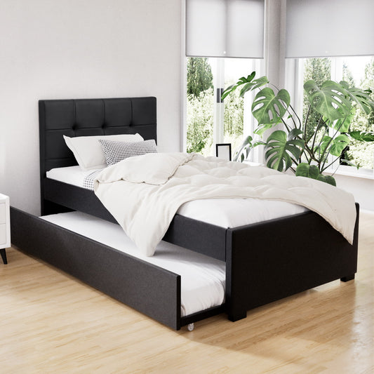 Easton Trundle Wooden Bed Frame with Trundle Bed - Black King Single