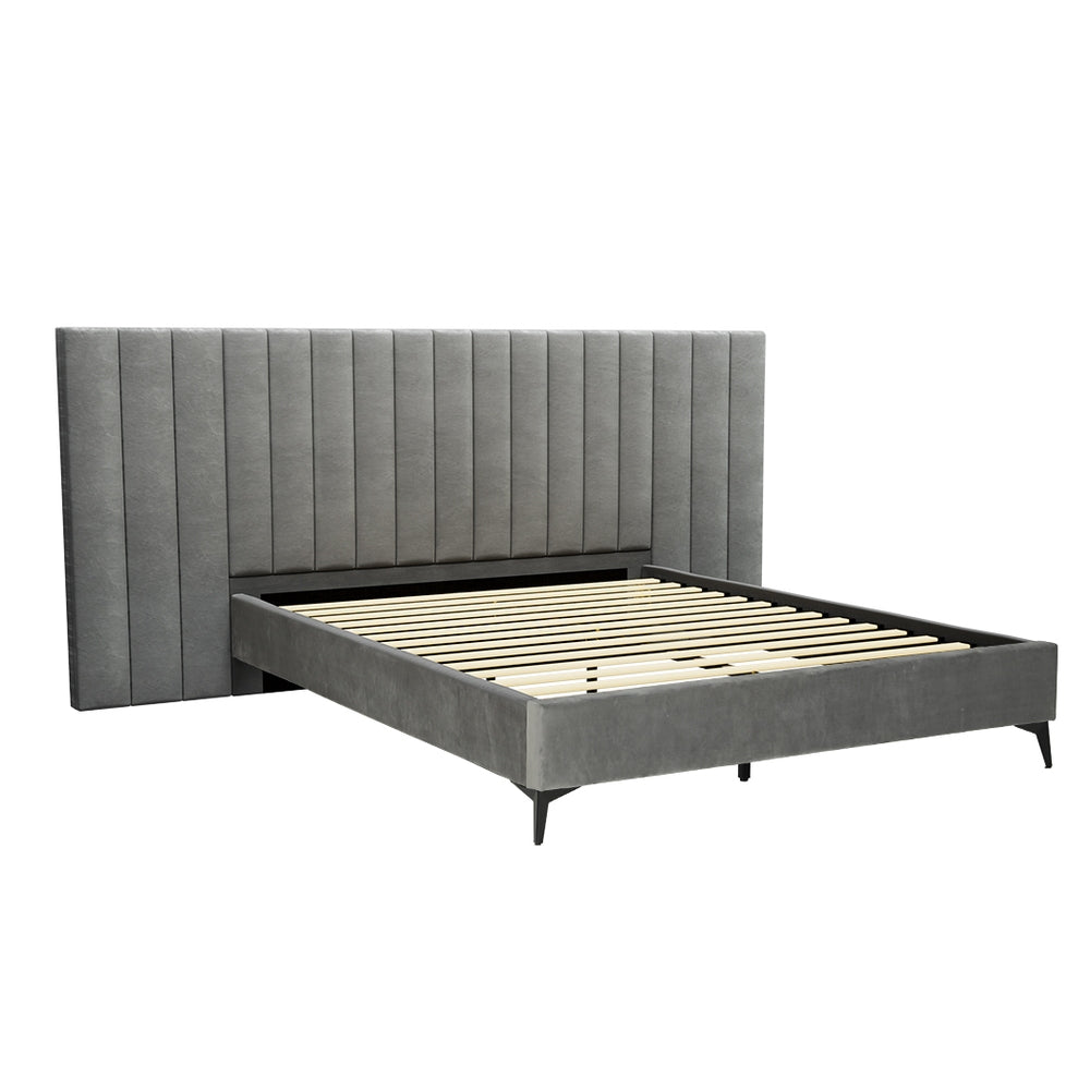 Suva Bed Frame Fabric with Oversized Headboard Velvet - Grey Queen