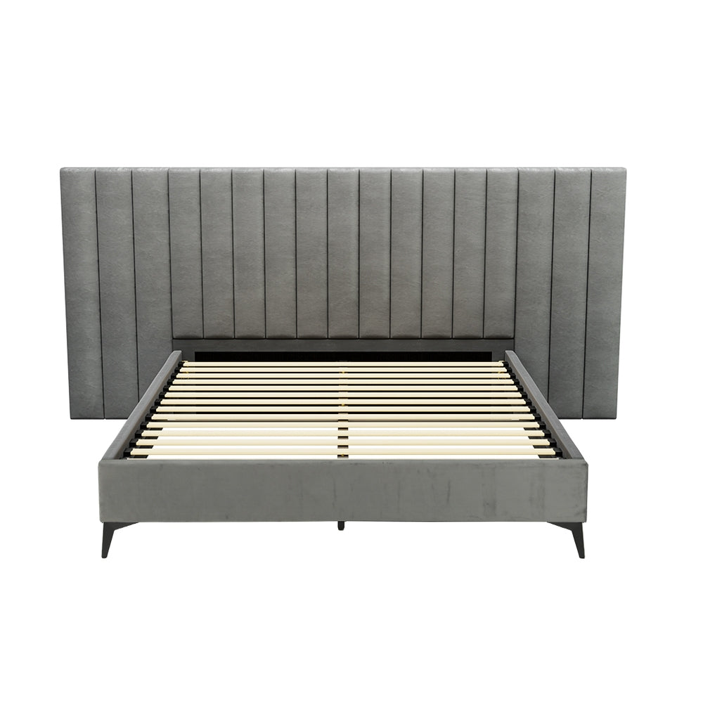 Suva Bed Frame Fabric with Oversized Headboard Velvet - Grey Queen