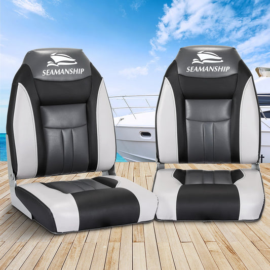 Set of 2 Folding Boat Seats Marine Seat Swivel High Back 12cm Padding Black