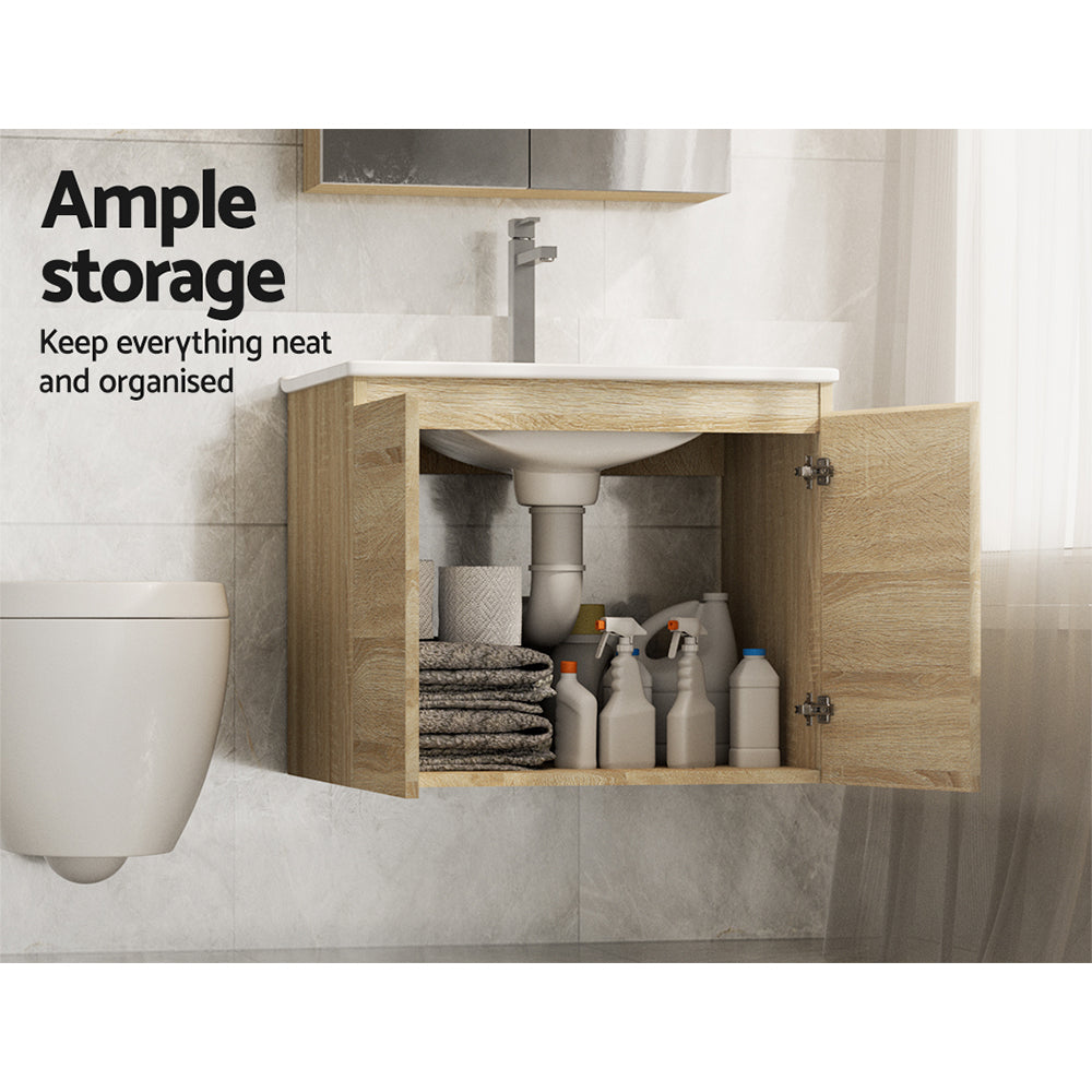 Vanity Unit Basin Cabinet Storage Bathroom Wall Mounted Ceramic 600mm Oak