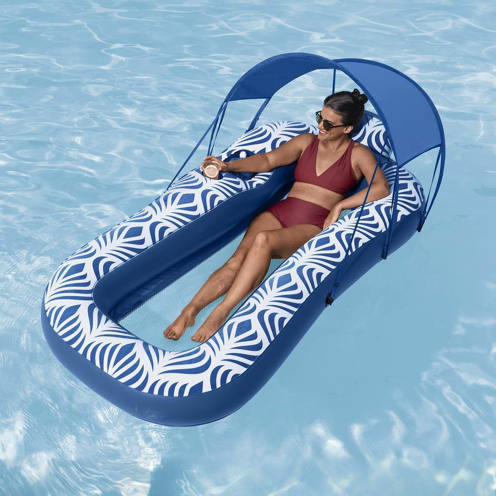 Inflatable Floating Float Lounger with Sunshade Canopy 1.98Mx1.12M Blue