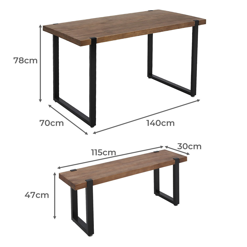 3-Piece Lucia Brown Dining Table & Chair Set Bench Industrial Cafe Restaurant