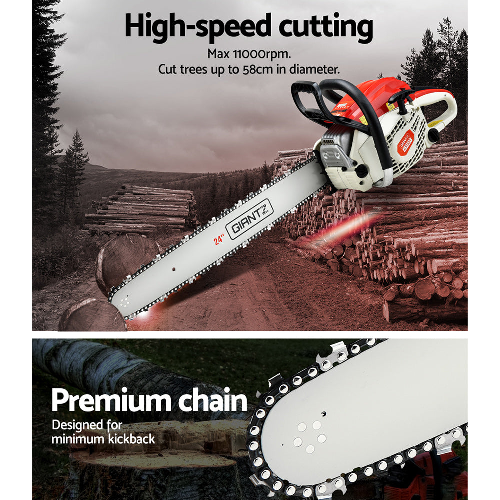 Chainsaw Petrol 92CC 24" Bar Commercial E-Start Pruning Chain Saw