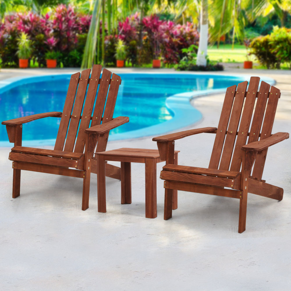 Adirondack Gardeon 3PC Outdoor Table and Chairs Wooden Beach Chair Brown