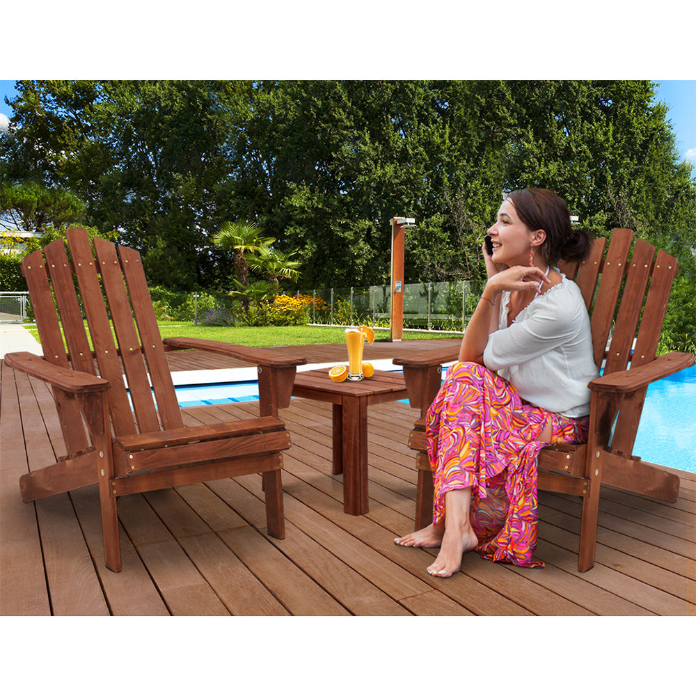 Adirondack Gardeon 3PC Outdoor Table and Chairs Wooden Beach Chair Brown