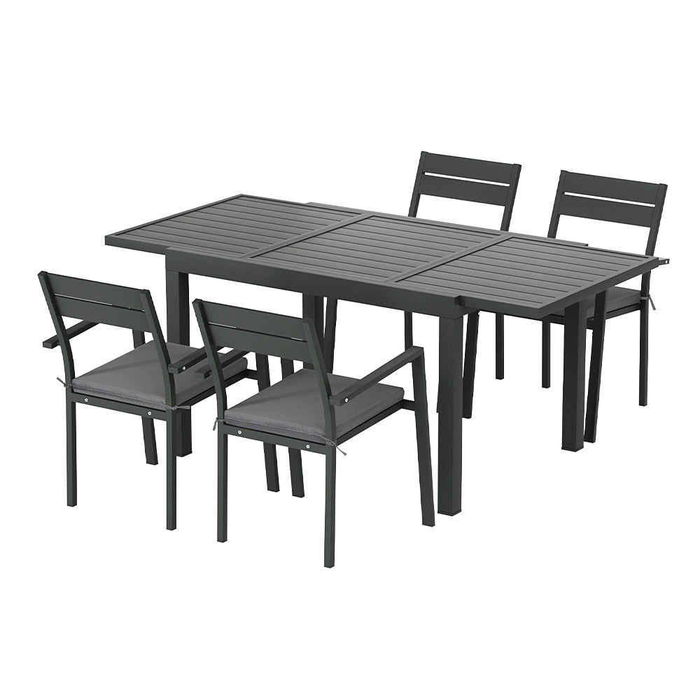 Tanner 4-Seater Aluminium Extension Table Chairs Lounge 5-Piece Outdoor Dining Set - Black