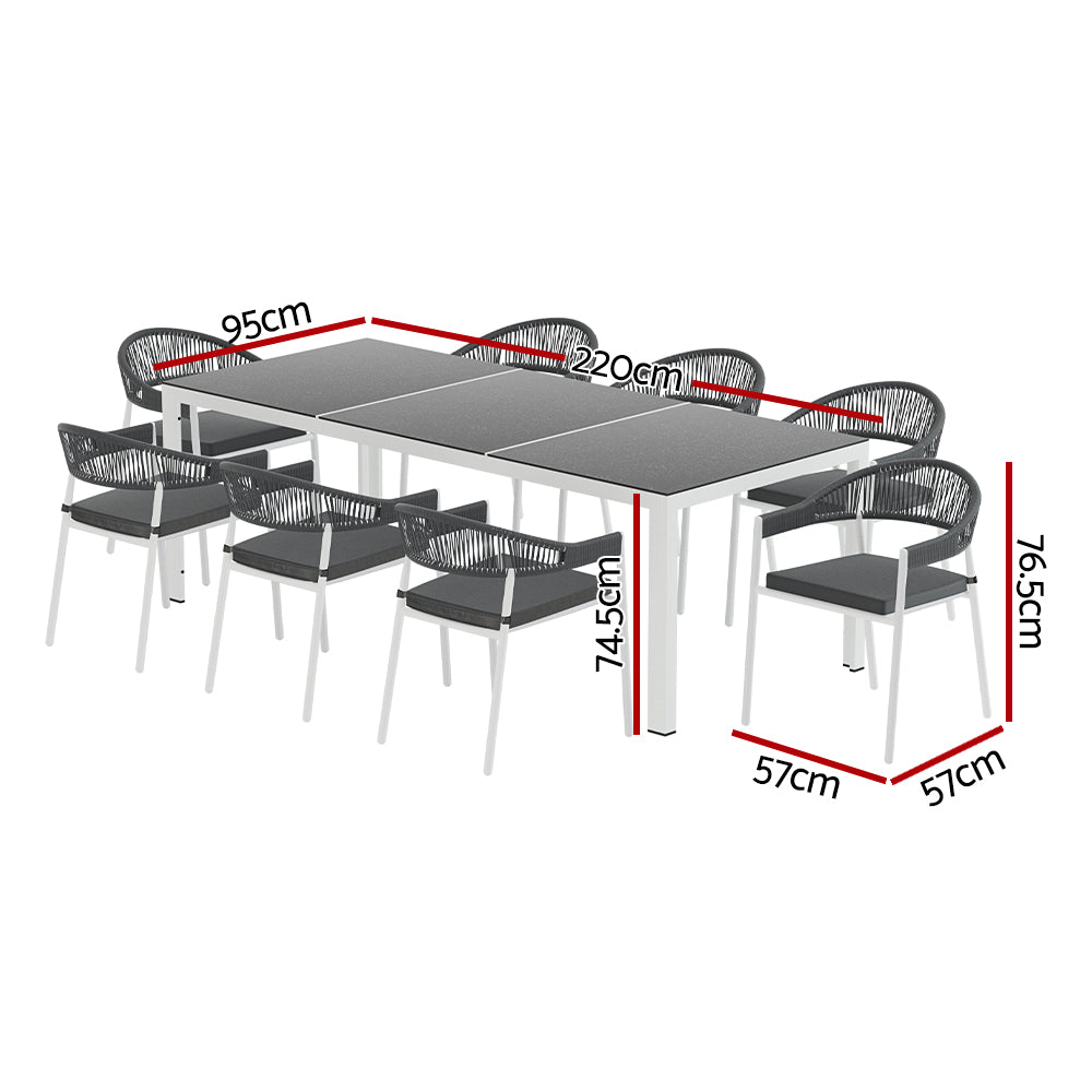 Yves 8-Seater Table Chairs Patio Rope Lounge Setting 9-Piece Outdoor Dining Set - Grey