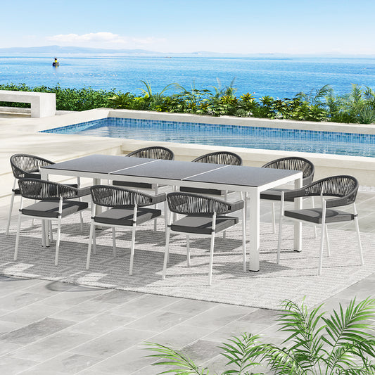 Yves 8-Seater Table Chairs Patio Rope Lounge Setting 9-Piece Outdoor Dining Set - Grey