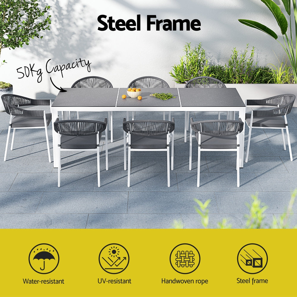 Yves 8-Seater Table Chairs Patio Rope Lounge Setting 9-Piece Outdoor Dining Set - Grey