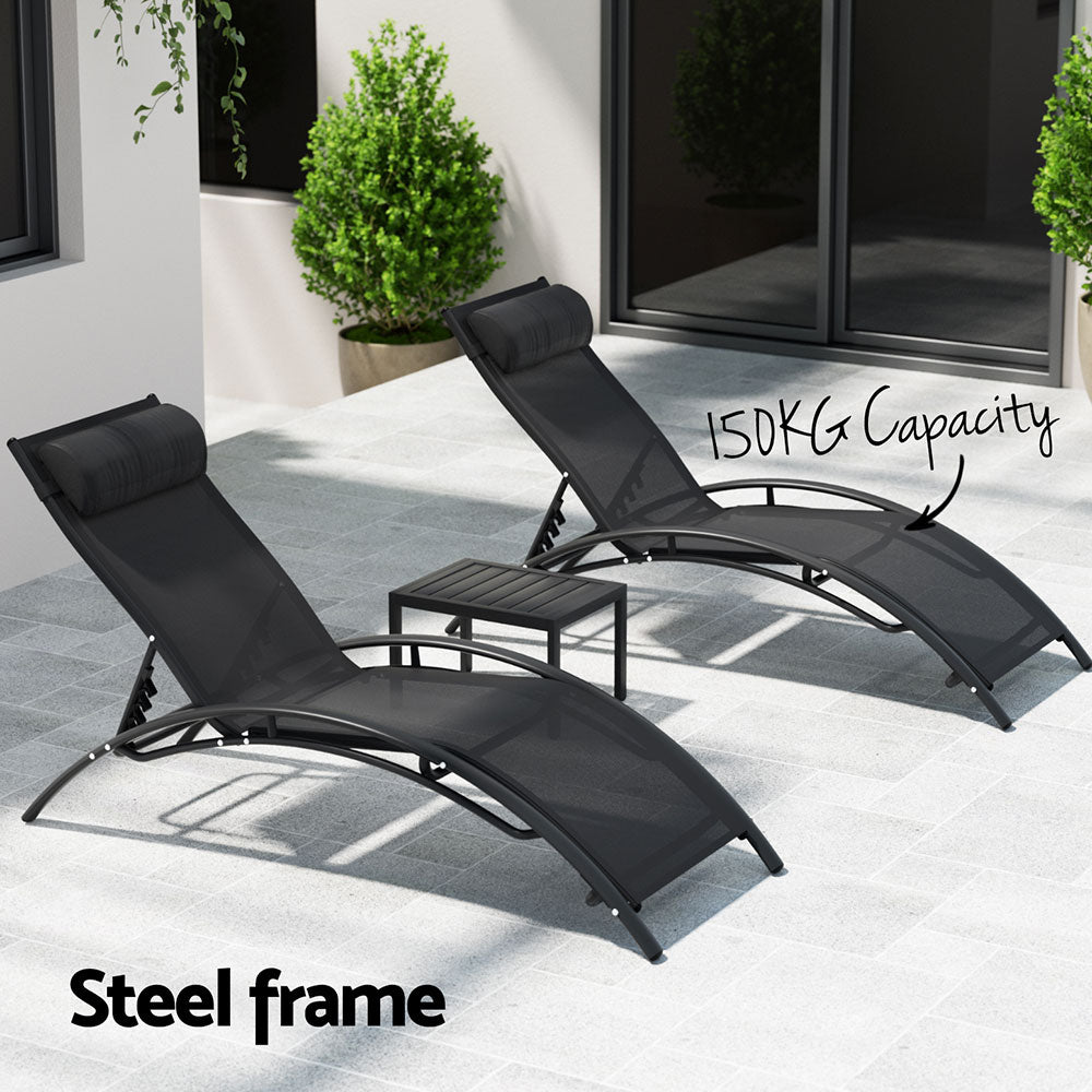 Graysen 3 Piece Sun Lounger Chaise Lounge Chair Table Patio Outdoor Setting Furniture - Black