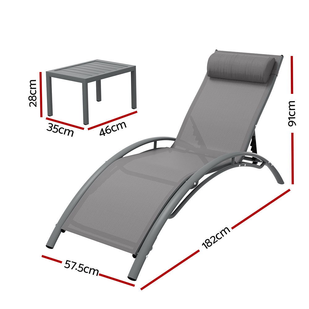 Graysen 3-Piece Sun Lounge Outdoor Lounger Steel Table Chairs Patio Furniture - Grey