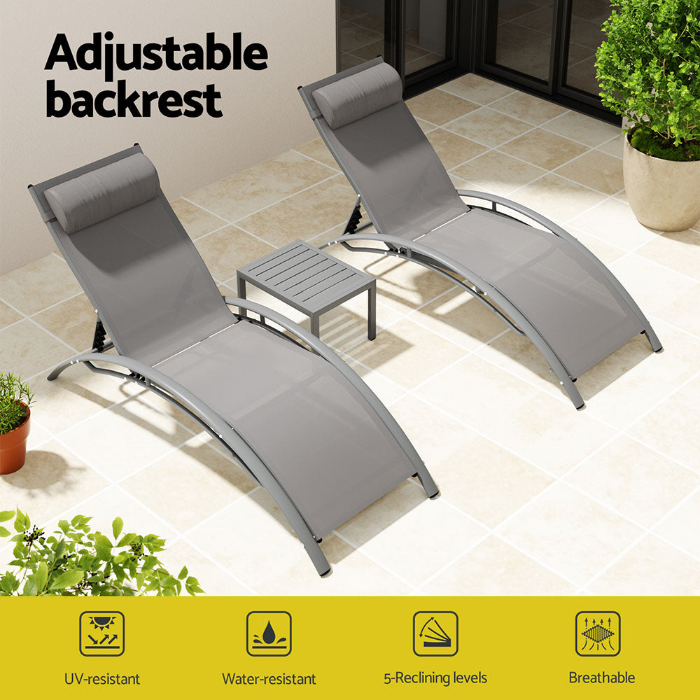 Graysen 3-Piece Sun Lounge Outdoor Lounger Steel Table Chairs Patio Furniture - Grey