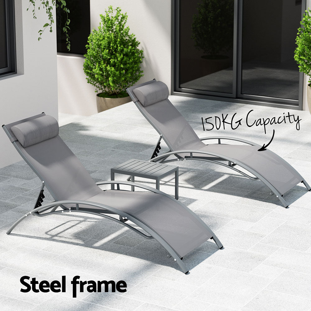 Graysen 3-Piece Sun Lounge Outdoor Lounger Steel Table Chairs Patio Furniture - Grey