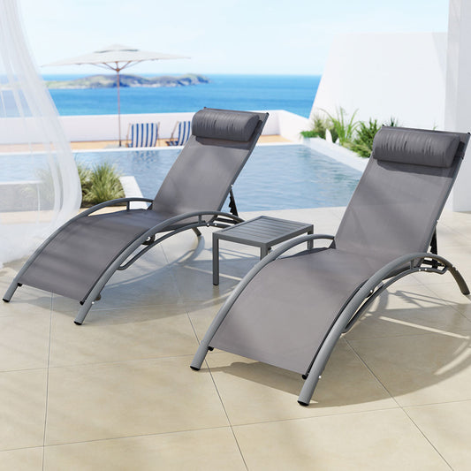 Graysen 3-Piece Sun Lounge Outdoor Lounger Steel Table Chairs Patio Furniture - Grey