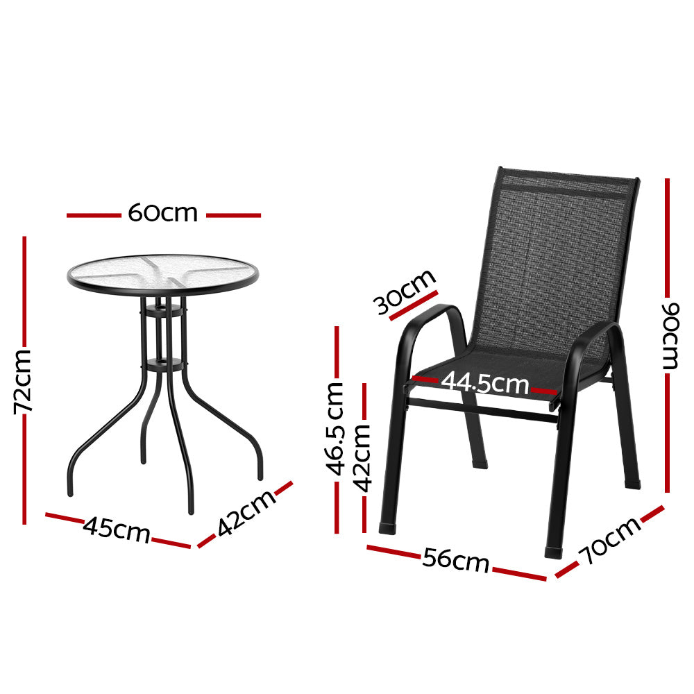 Tomos 2-Seater Table and chairs Stackable Bistro Set Patio Coffee 3-Piece Outdoor Furniture - Black