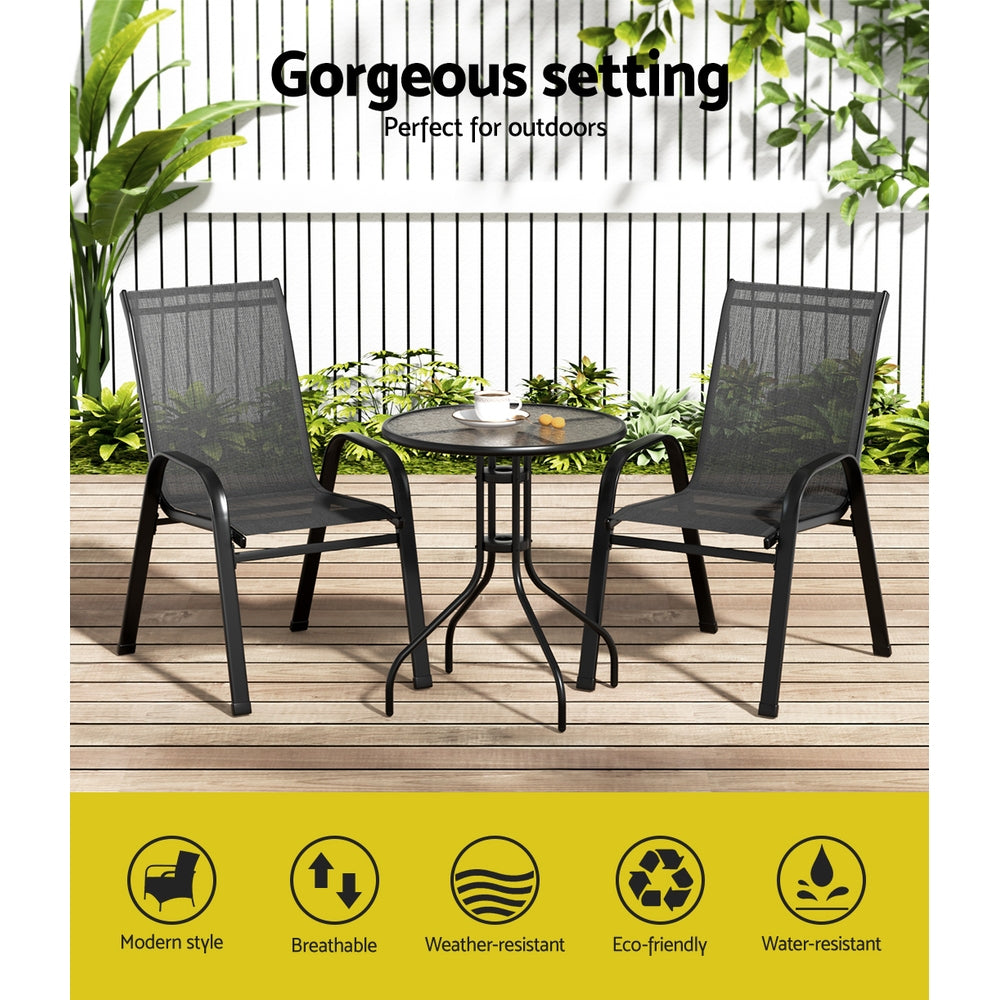 Tomos 2-Seater Table and chairs Stackable Bistro Set Patio Coffee 3-Piece Outdoor Furniture - Black