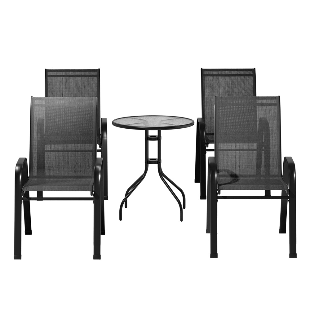 Tomos 4-Seater Table and chairs Stackable Bistro Set Patio Coffee 5-Piece Outdoor Furniture - Black