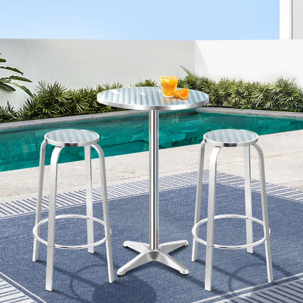 Xander 2-Seater Bar Table Stools Adjustable Aluminium Cafe Round 3-Piece Outdoor Bistro Set - Silver