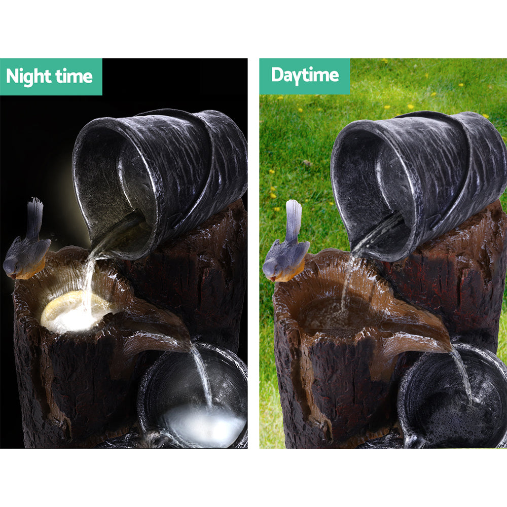 Solar Water Feature Cascading Fountain 3-Tier Bucket LED light Bird 76cm