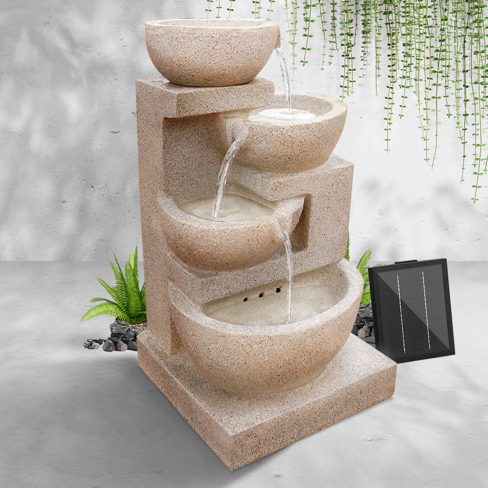 Solar Water Feature Cascading Fountain 4-Tier Bowl LED Lights 72cm - Sand