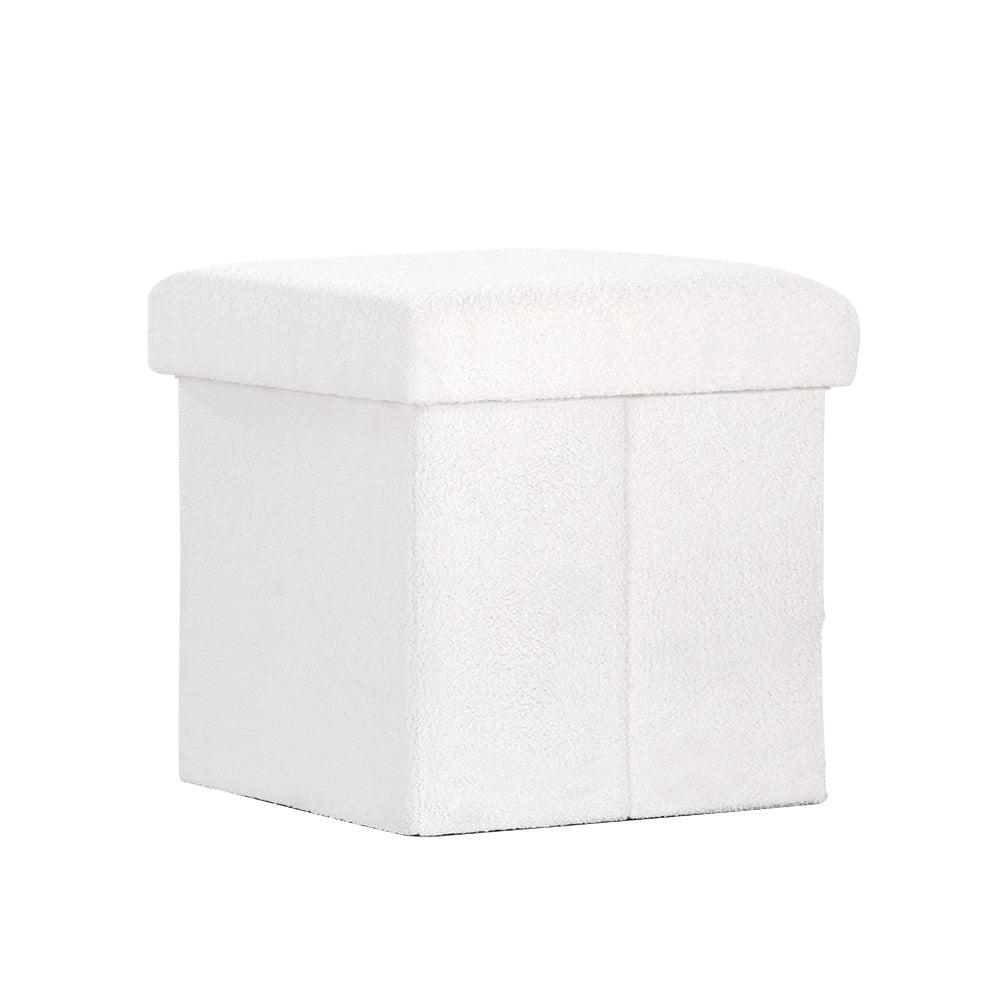 Square Foot Stool Teddy Fabric Storage Ottoman Footrest Padded Seat White