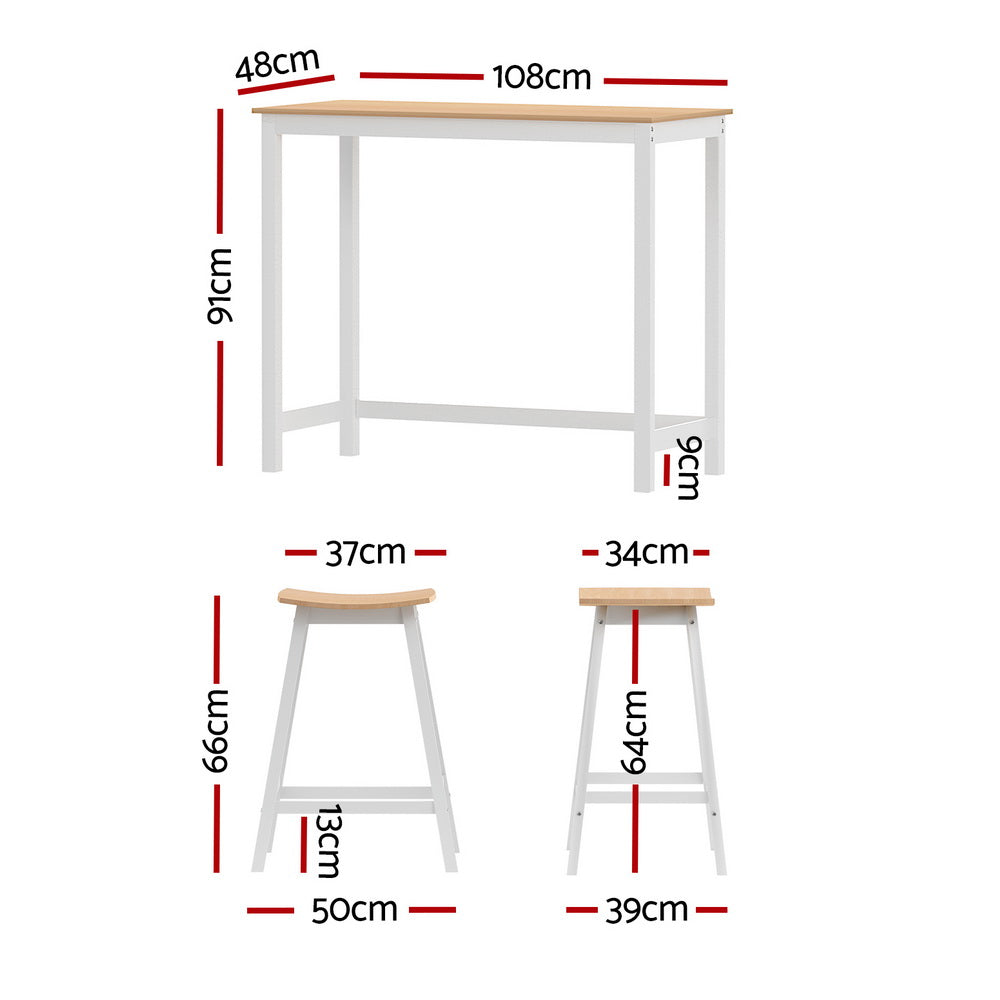 3-Piece Morri Pine & White Dining Table & Chair Set Bar Table Solid Cafe Pub