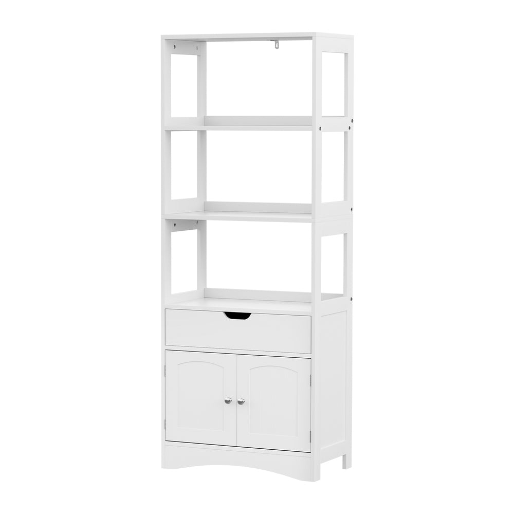 Bathroom Floor Storage Cabinet with 2 Drawers 3 Open Shelves 2 Doors - White