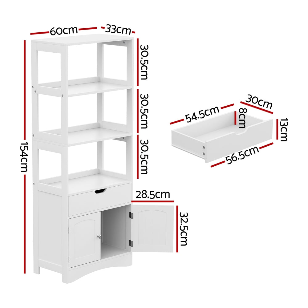 Bathroom Floor Storage Cabinet with 2 Drawers 3 Open Shelves 2 Doors - White