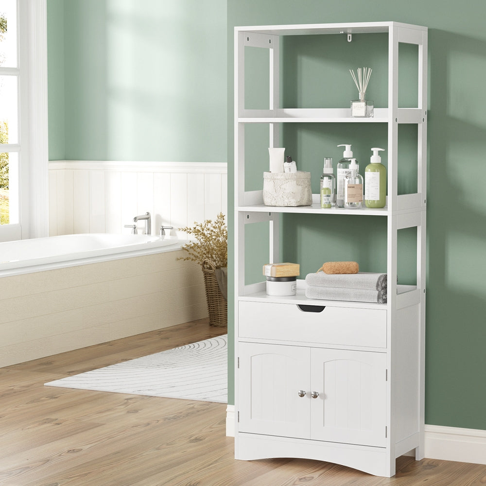 Bathroom Floor Storage Cabinet with 2 Drawers 3 Open Shelves 2 Doors - White