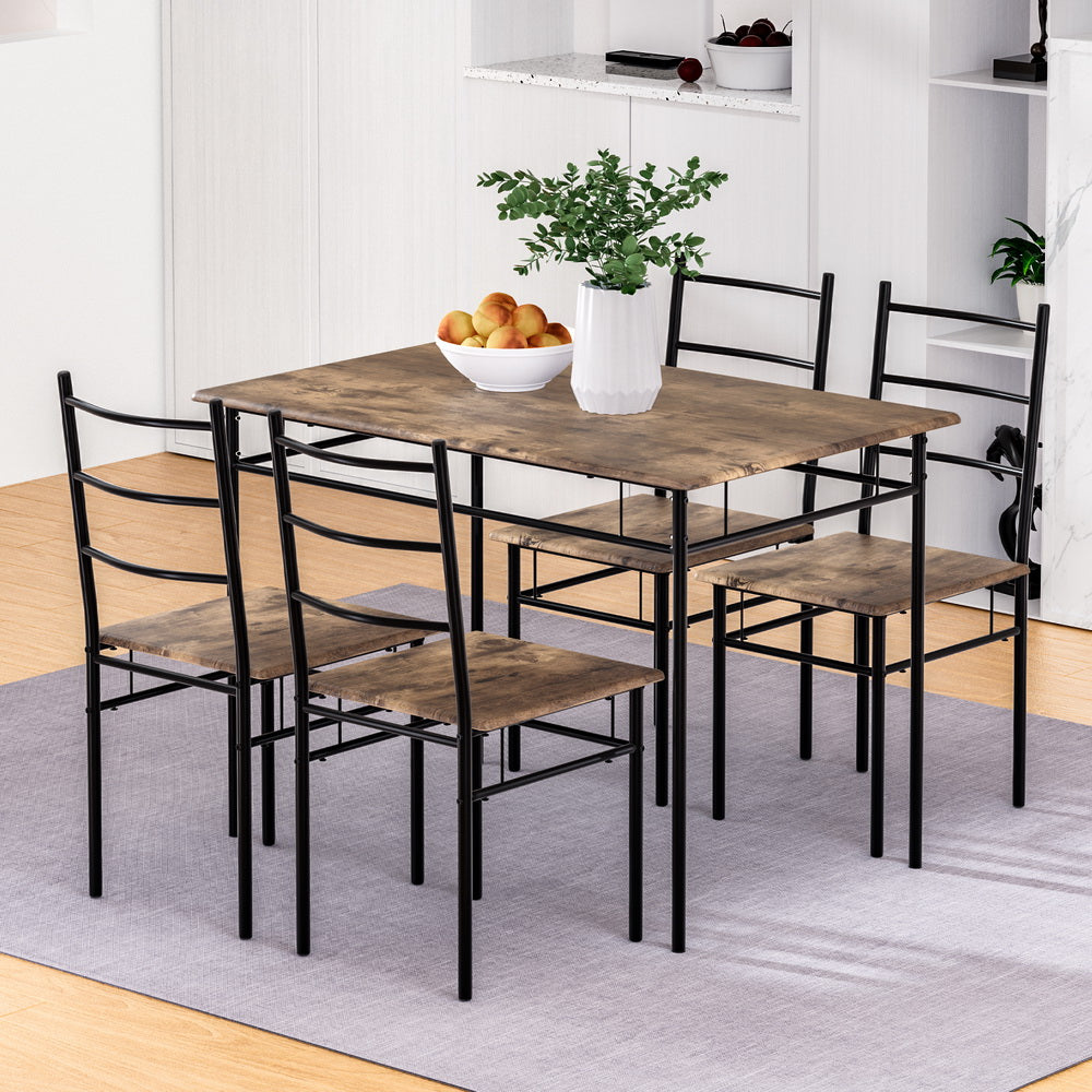 5-Piece Otell Walnut Dining Table & Chair Set Industrial Wooden Metal Desk